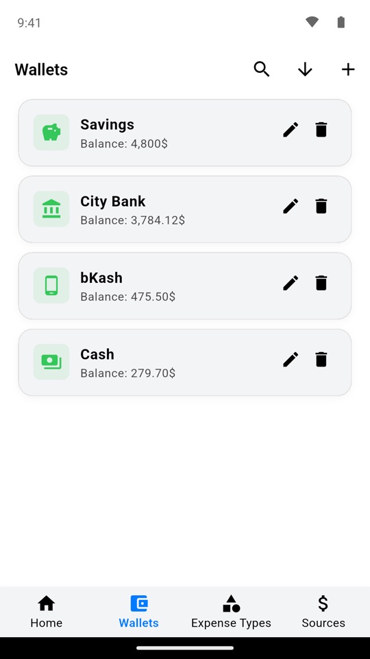 Wallet list with balances