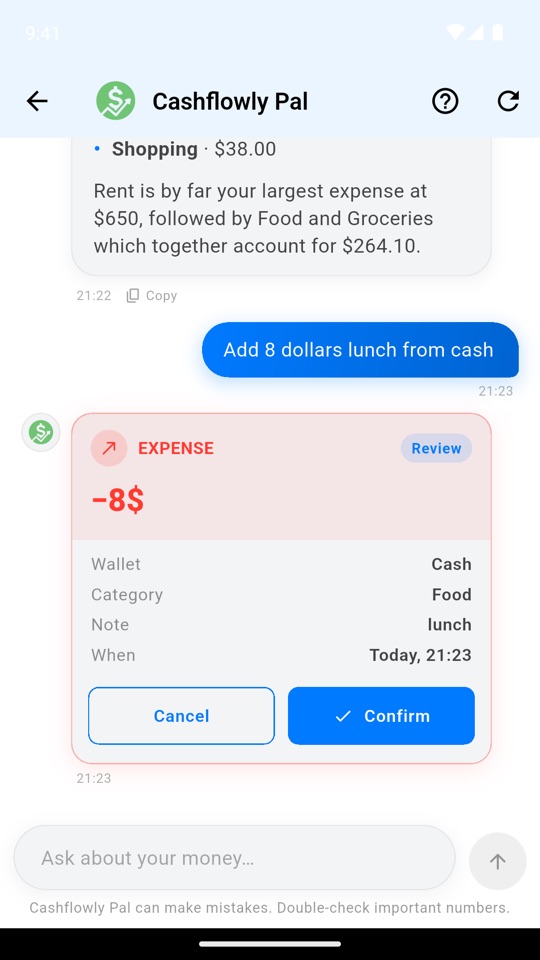 AI assistant answering a question and preparing an expense to confirm